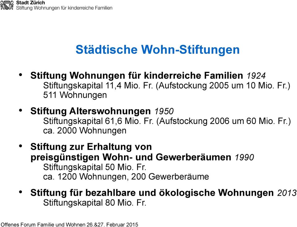 2000 Wohnungen Stiftung zur Erhaltung von preisgünstigen Wohn- und Gewerberäumen 1990 Stiftungskapital 50 Mio. Fr. ca.