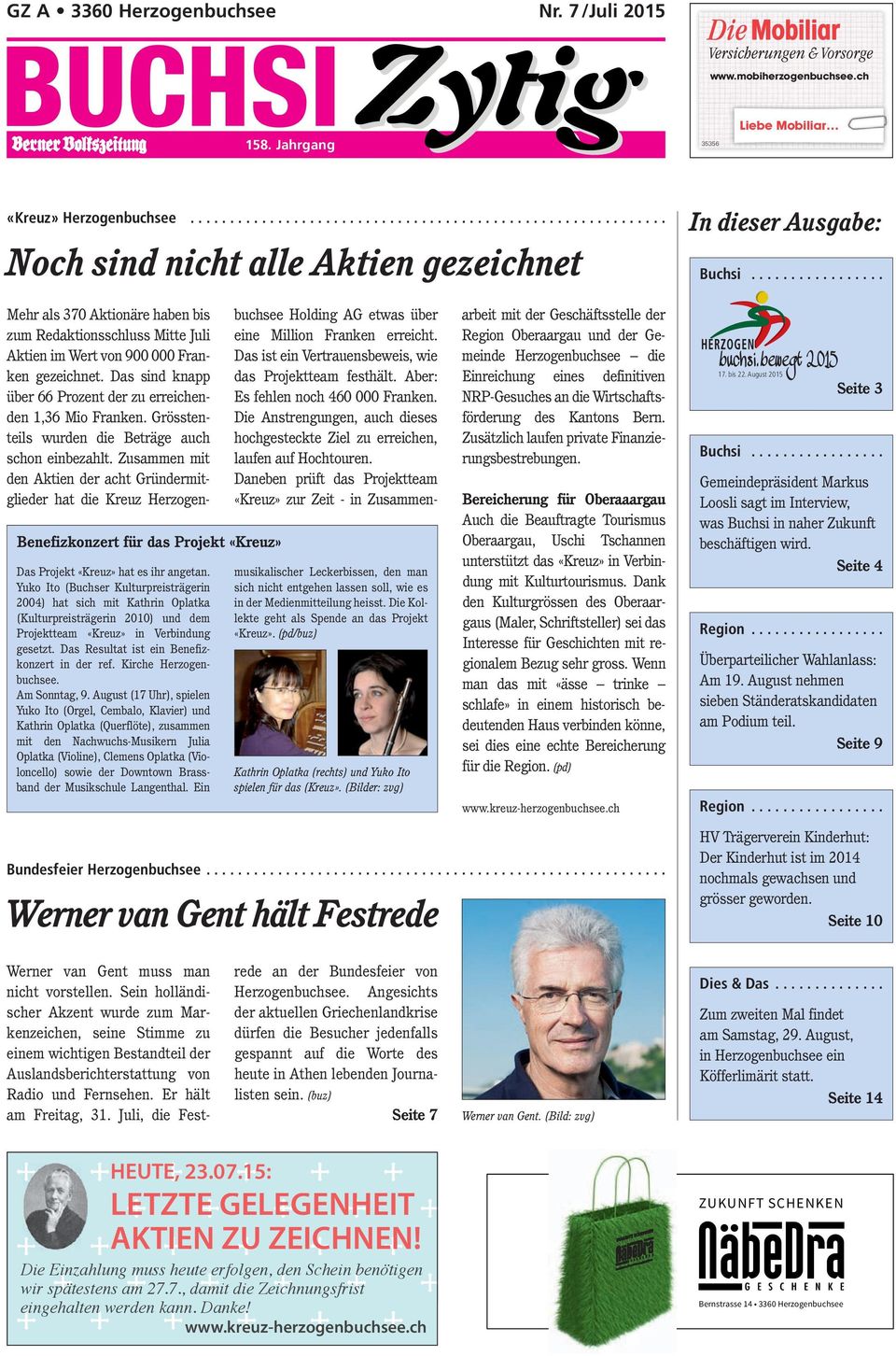 Yuko Ito (Buchser Kulturpreisträgerin 2004) hat sich mit Kathrin Oplatka (Kulturpreisträgerin 2010) und dem Projektteam «Kreuz» in Verbindung gesetzt. Das Resultat ist ein Benefizkonzert in der ref.