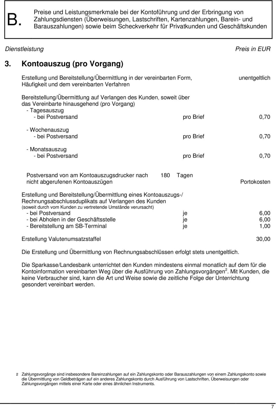 Brief 0,70 Postversand von am Kontoauszugsdrucker nach 180 Tagen nicht abgerufenen Kontoauszügen Portokosten Erstellung und Bereitstellung/Übermittlung eines Kontoauszugs-/