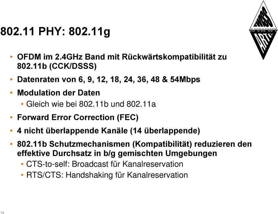 11a Forward Error Correction (FEC) 4 nicht überlappende Kanäle (14 überlappende) 802.