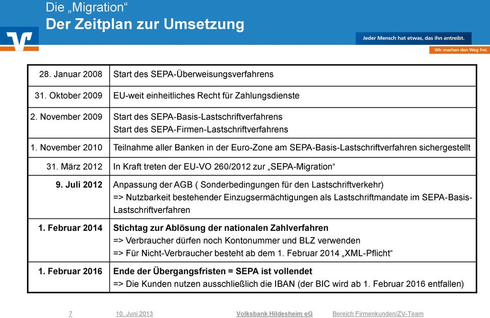 November 2010 Teilnahme aller Banken in der Euro-Zone am SEPA-Basis-Lastschriftverfahren sichergestellt 31. März 2012 In Kraft treten der EU-VO 260/2012 zur SEPA-Migration 9.