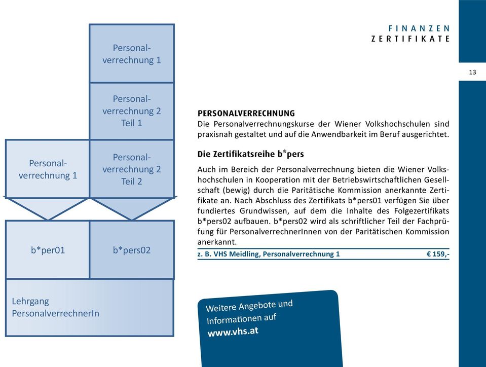 die zertifikatsreihe b*pers Auch im Bereich der Personalverrechnung bieten die Wiener Volkshochschulen in Kooperation mit der Betriebswirtschaftlichen Gesellschaft (bewig) durch die Paritätische