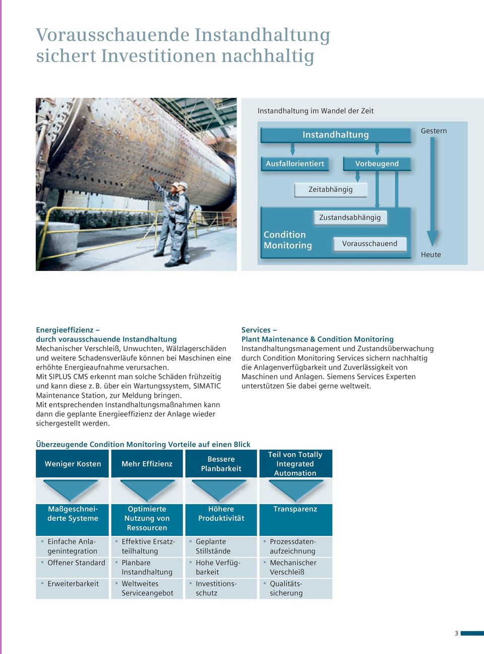 erhöhte Energieaufnahme verursachen. Mit SIPLUS CMS erkennt man solche Schäden frühzeitig und kann diese z. B. über ein Wartungssystem, SIMATIC Maintenance Station, zur Meldung bringen.