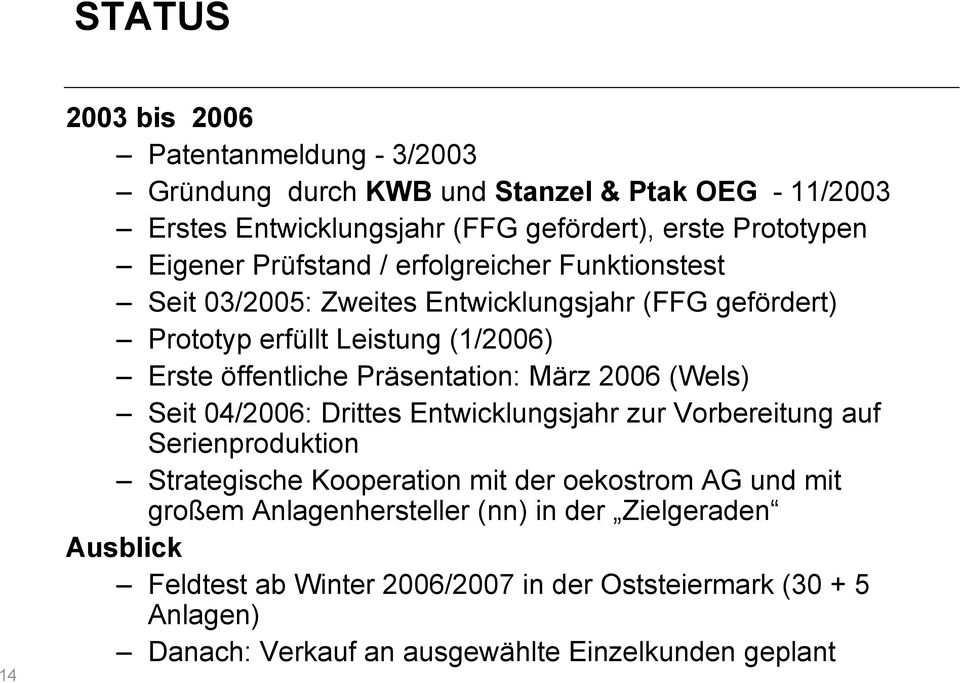 Präsentation: März 2006 (Wels) Seit 04/2006: Drittes Entwicklungsjahr zur Vorbereitung auf Serienproduktion Strategische Kooperation mit der oekostrom AG und mit