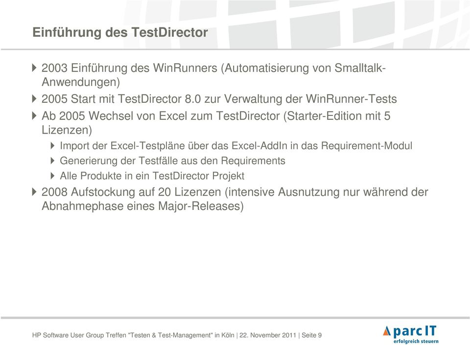 Excel-AddIn in das Requirement-Modul Generierung der Testfälle aus den Requirements Alle Produkte in ein TestDirector Projekt 2008 Aufstockung auf 20