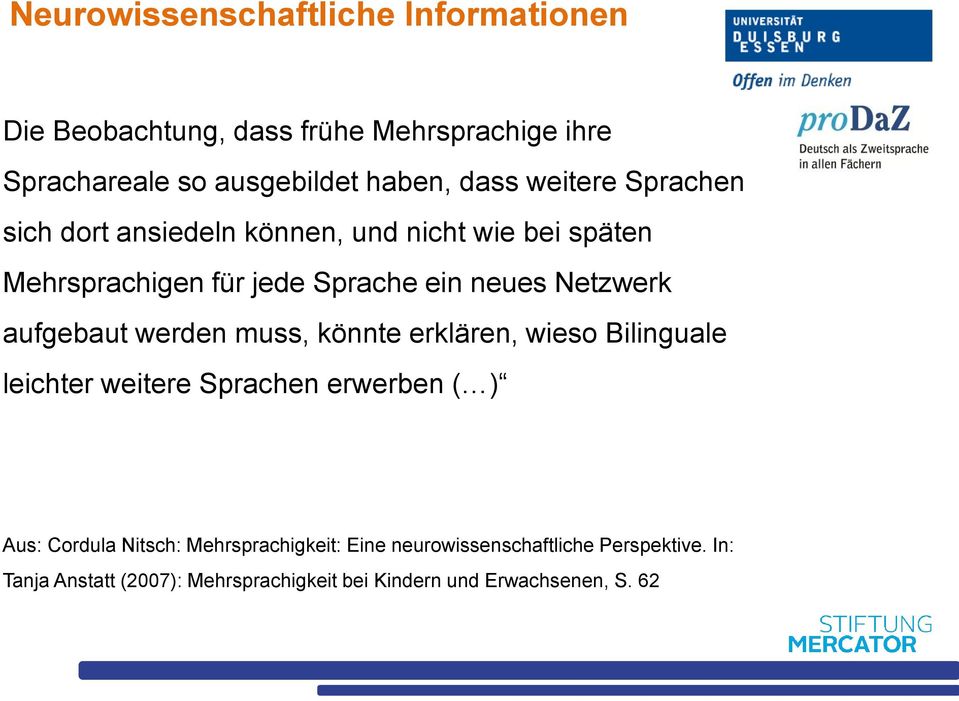 aufgebaut werden muss, könnte erklären, wieso Bilinguale leichter weitere Sprachen erwerben ( ) Aus: Cordula Nitsch: