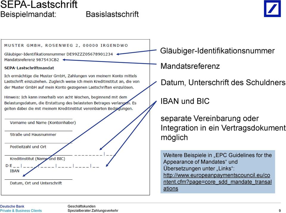 Gläubiger-Identifikationsnummer Mandatsreferenz Datum, Unterschrift des Schuldners IBAN und BIC separate