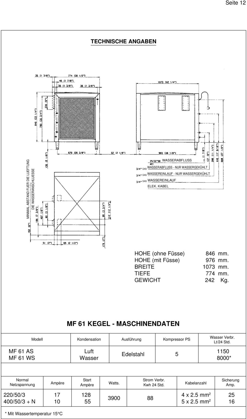 MF 61 KEGEL - MASCHINENDATEN Modell Kondensation Ausführung Kompressor PS Wasser Verbr. Lt/24 Std.
