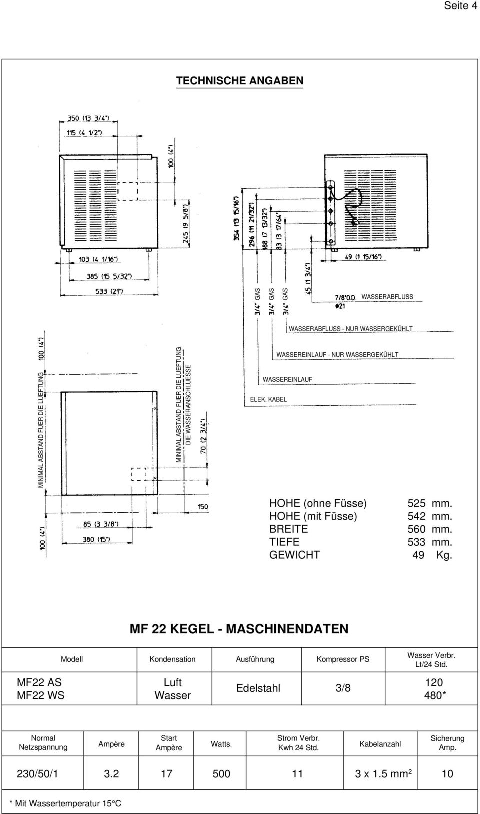 GEWICHT 49 Kg. MF 22 KEGEL - MASCHINENDATEN Modell Kondensation Ausführung Kompressor PS Wasser Verbr. Lt/24 Std.