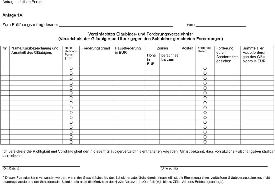 Name/Kurzbezeichnung und Anschrift des Gläubigers Nahestehende Person 138 Forderungsgrund Hauptforderung Höhe in Zinsen Kosten Forderung tituliert berechnet bis zum Forderung durch Sonderrechte