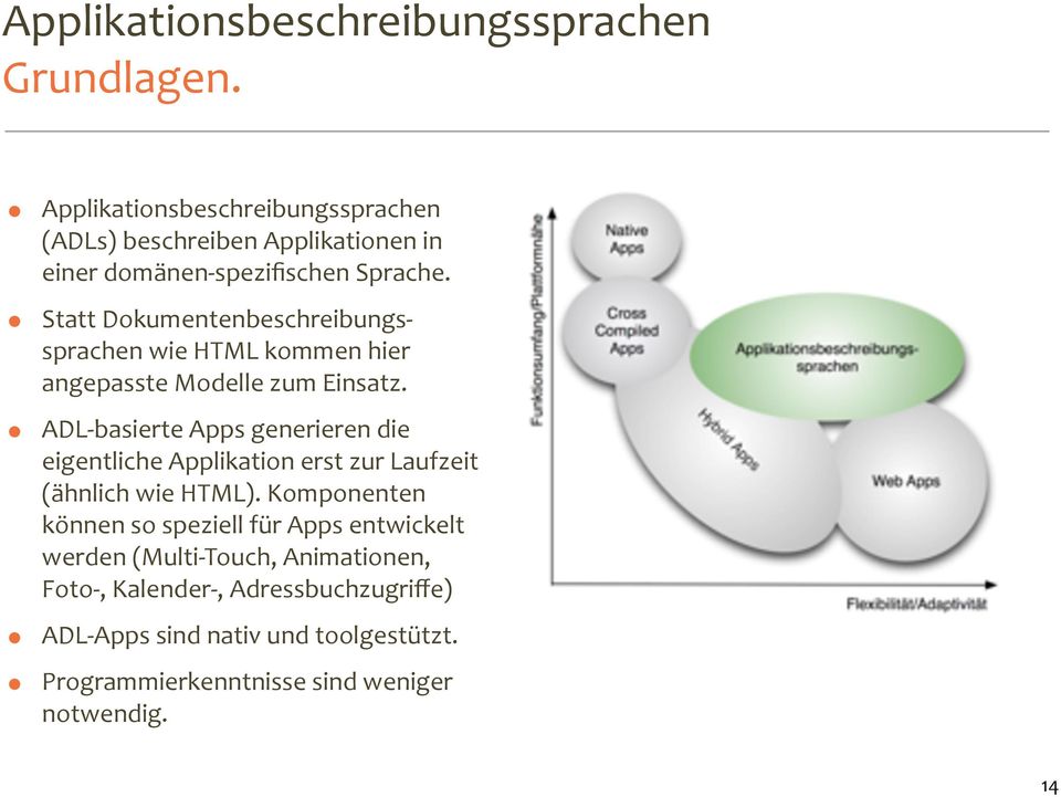 Statt Dokumentenbeschreibungs- sprachen wie HTML kommen hier angepasste Modelle zum Einsatz.