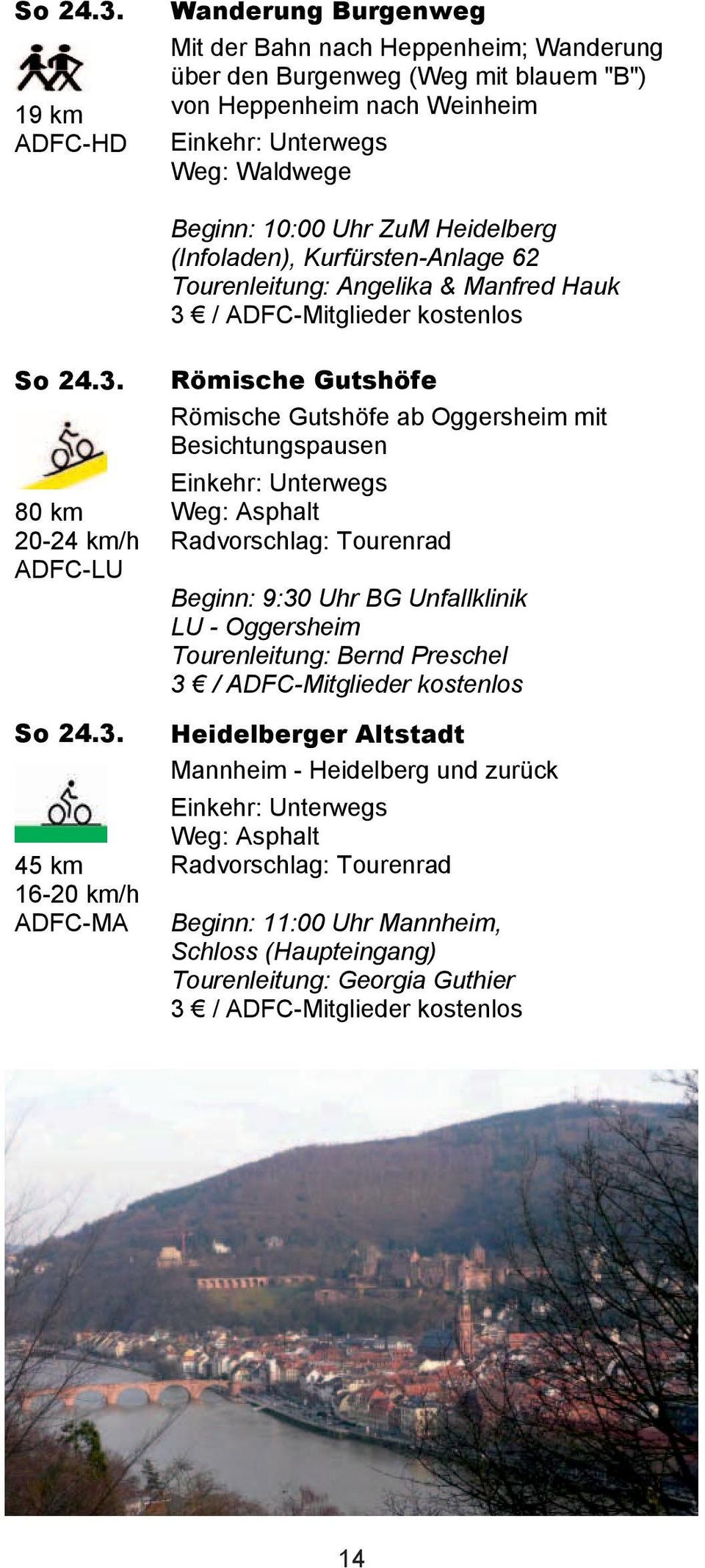 Beginn: 10:00 Uhr ZuM Heidelberg (Infoladen), Kurfürsten-Anlage 62 Tourenleitung: Angelika & Manfred Hauk  80 km 20-24 km/h ADFC-LU  45 km 16-20 km/h ADFC-MA