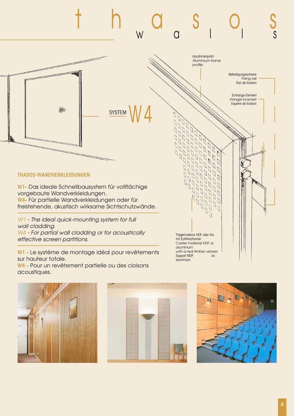 W4- Für partielle Wandverkleidungen oder für freistehende, akustisch wirksame Sichtschutzwände. W1 - The ideal quick-mounting system for full wall cladding.