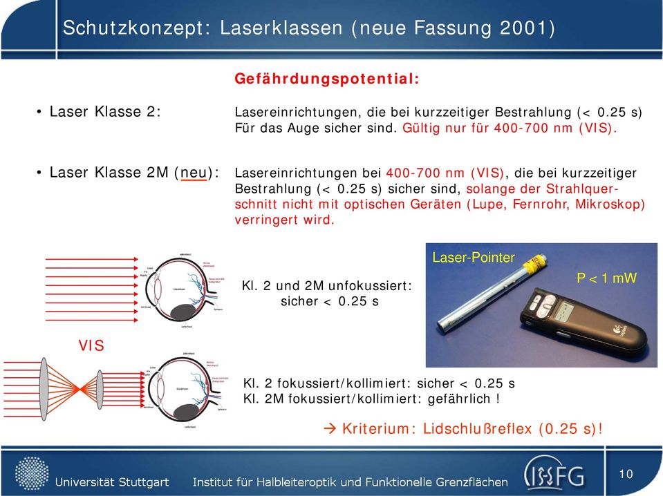Laser Klasse 2M (neu): Lasereinrichtungen bei 400-700 nm (VIS), die bei kurzzeitiger Bestrahlung (< 0.