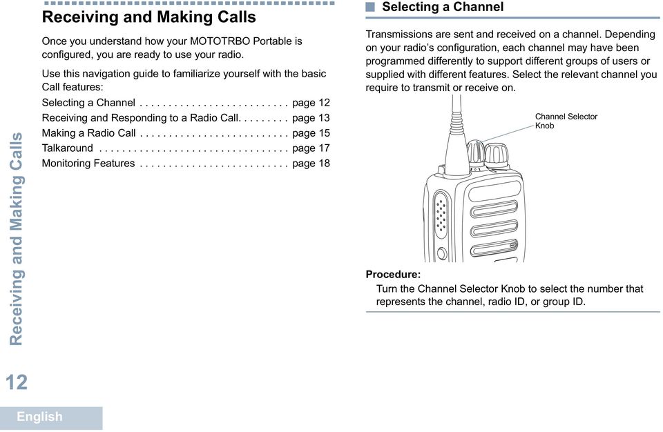 ........ page 13 Making a Radio Call.......................... page 15 Talkaround................................. page 17 Monitoring Features.