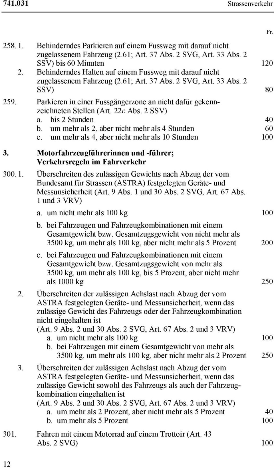 Parkieren in einer Fussgängerzone an nicht dafür gekennzeichneten Stellen (Art. 22c Abs. 2 SSV) 3. Motorfahrzeugführerinnen und -führer; Verkehrsregeln im Fahrverkehr 300. 1.