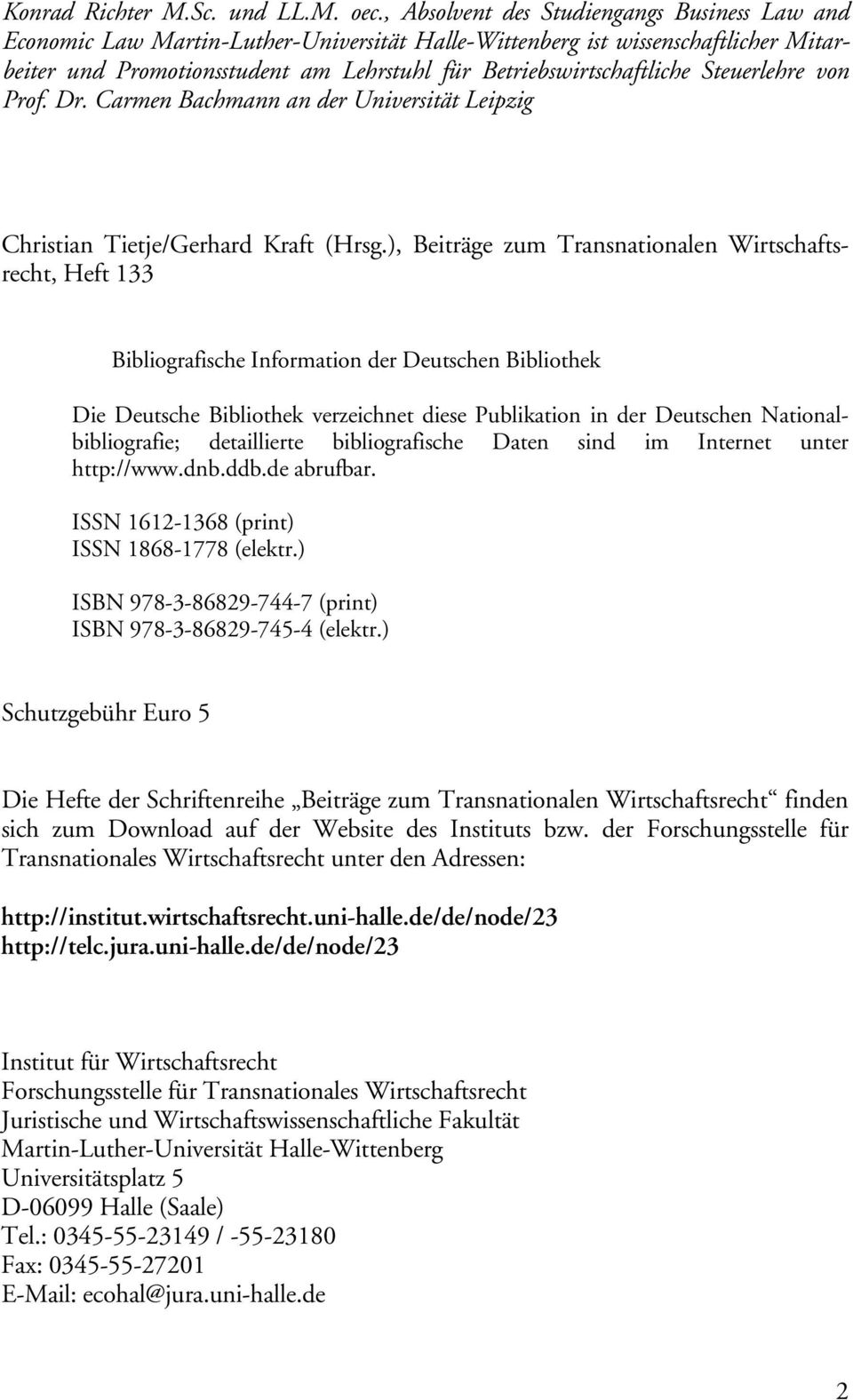 Steuerlehre von Prof. Dr. Carmen Bachmann an der Universität Leipzig Christian Tietje/Gerhard Kraft (Hrsg.