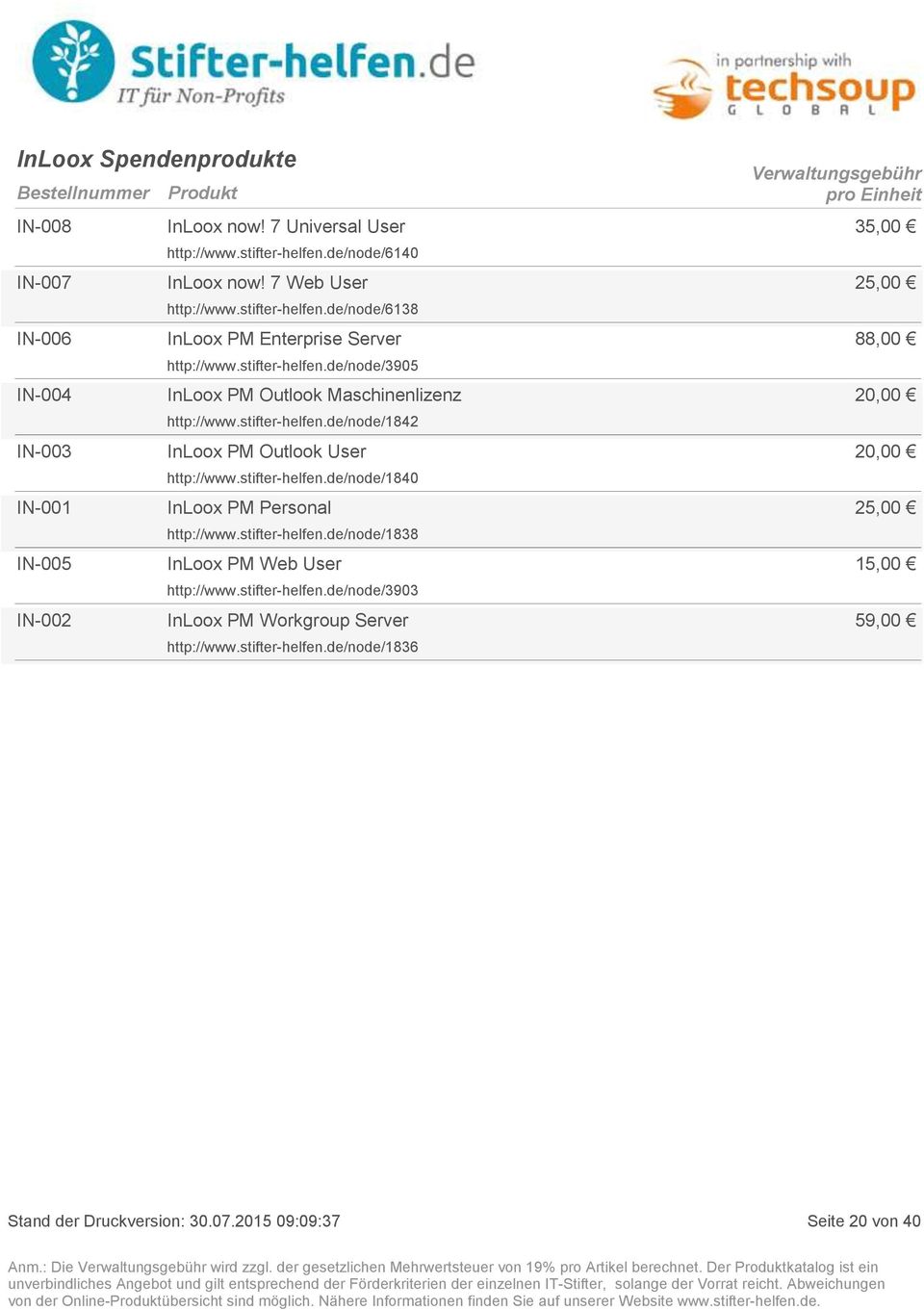 stifter-helfen.de/node/1838 IN-005 InLoox PM Web User http://www.stifter-helfen.de/node/3903 IN-002 InLoox PM Workgroup Server http://www.stifter-helfen.de/node/1836 35,00 25,00 88,00 20,00 20,00 25,00 15,00 59,00 Stand der Druckversion: 30.