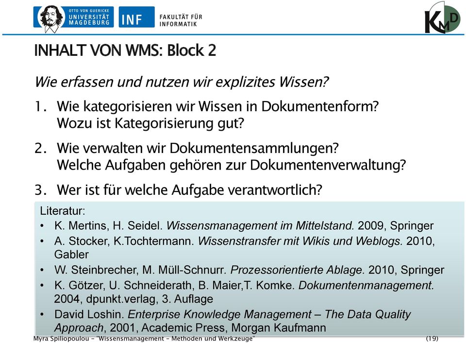 Stocker, K.Tochtermann. Wissenstransfer mit Wikis und Weblogs. 2010, Gabler W. Steinbrecher, M. Müll-Schnurr. Prozessorientierte Ablage. 2010, Springer K. Götzer, U. Schneiderath, B.
