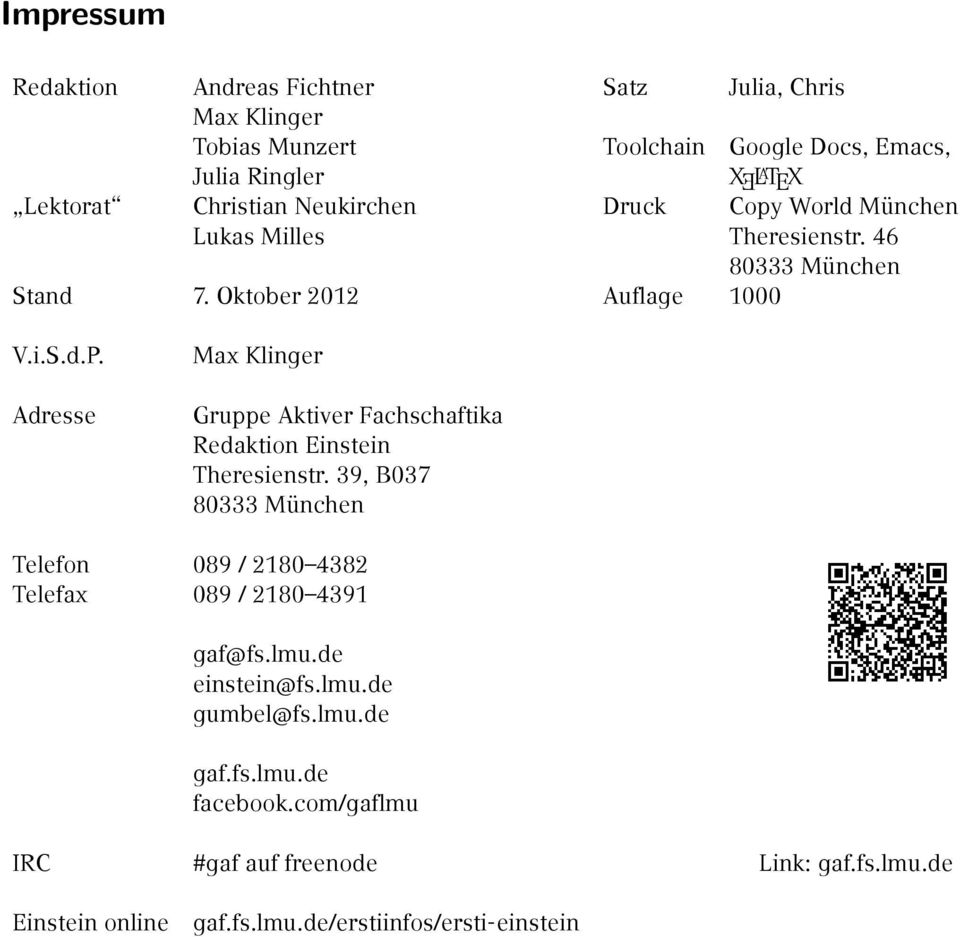 Adresse Max Klinger Gruppe Aktiver Fachschaftika Redaktion Einstein Theresienstr.