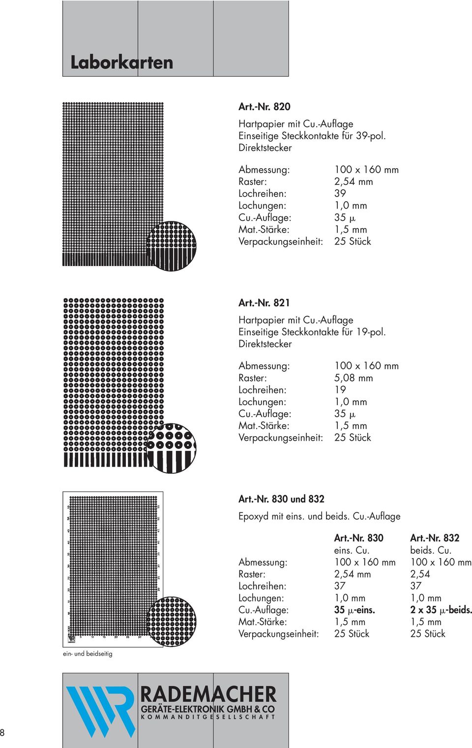 Direktstecker 5,08 mm Lochreihen: 19 Art.-Nr. 830 und 832 Epoxyd mit eins. und beids. Cu.-Auflage Art.-Nr. 830 Art.