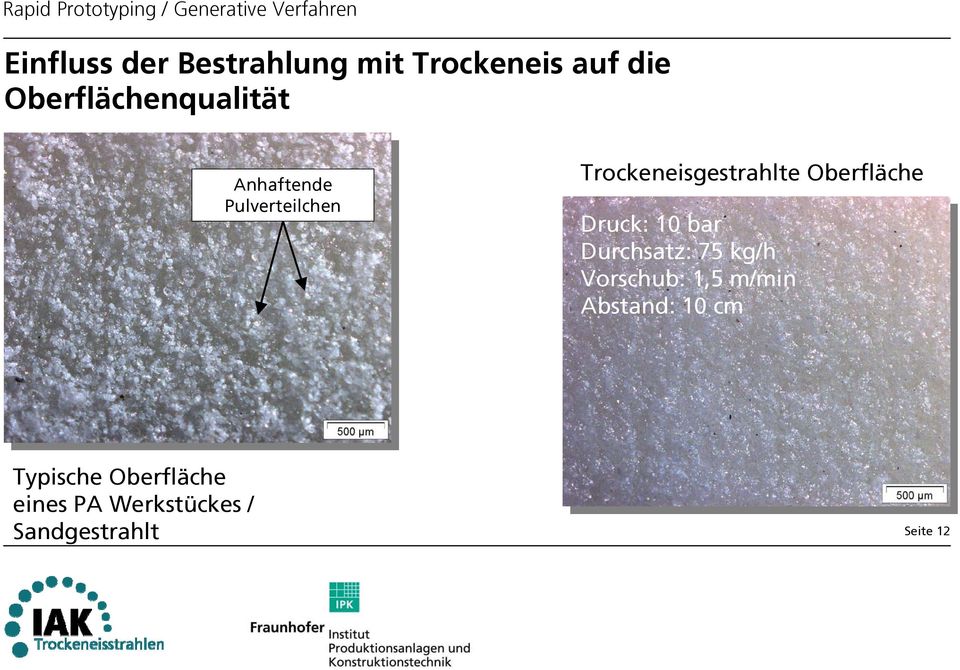 Trockeneisgestrahlte Oberfläche Druck: 10 bar Durchsatz: 75 kg/h