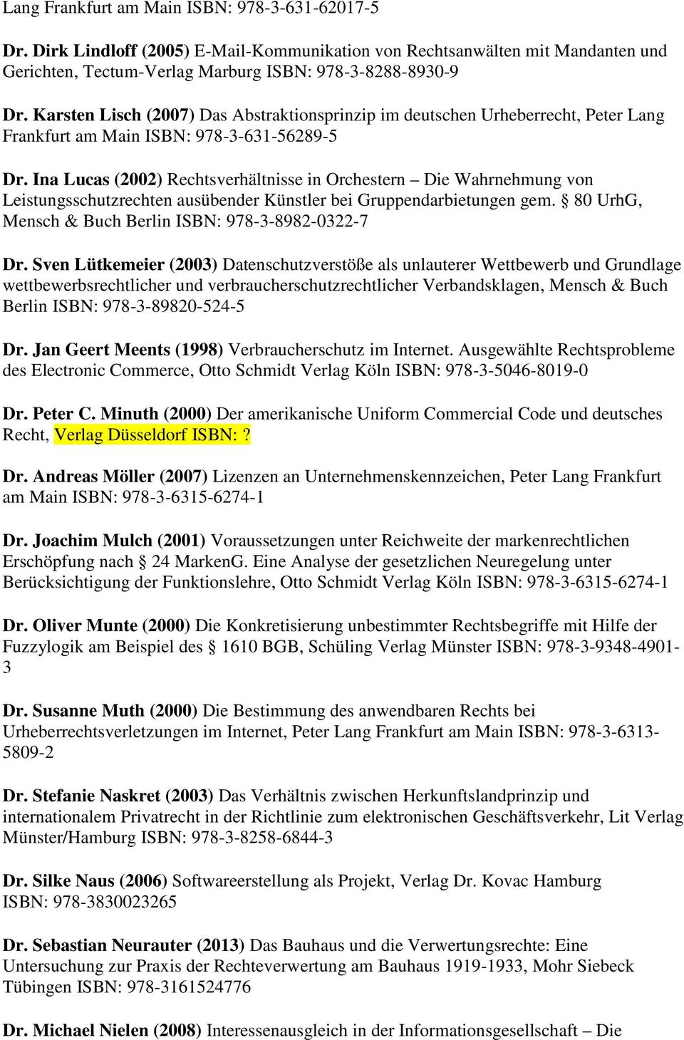 Ina Lucas (2002) Rechtsverhältnisse in Orchestern Die Wahrnehmung von Leistungsschutzrechten ausübender Künstler bei Gruppendarbietungen gem. 80 UrhG, Mensch & Buch Berlin ISBN: 978-3-8982-0322-7 Dr.