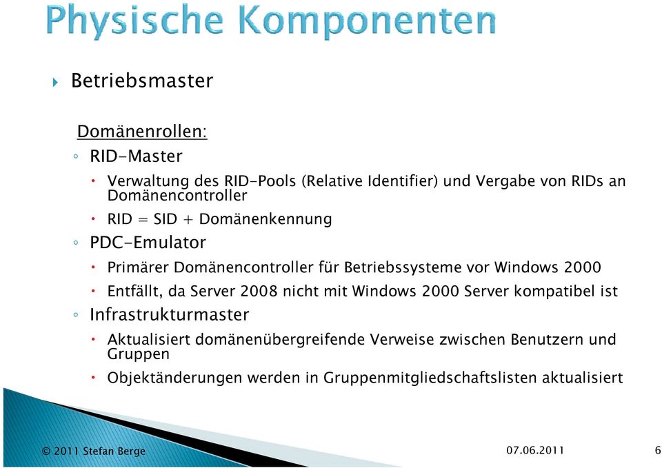 Entfällt, da Server 2008 nicht mit Windows 2000 Server kompatibel ist Infrastrukturmaster Aktualisiert domänenübergreifende