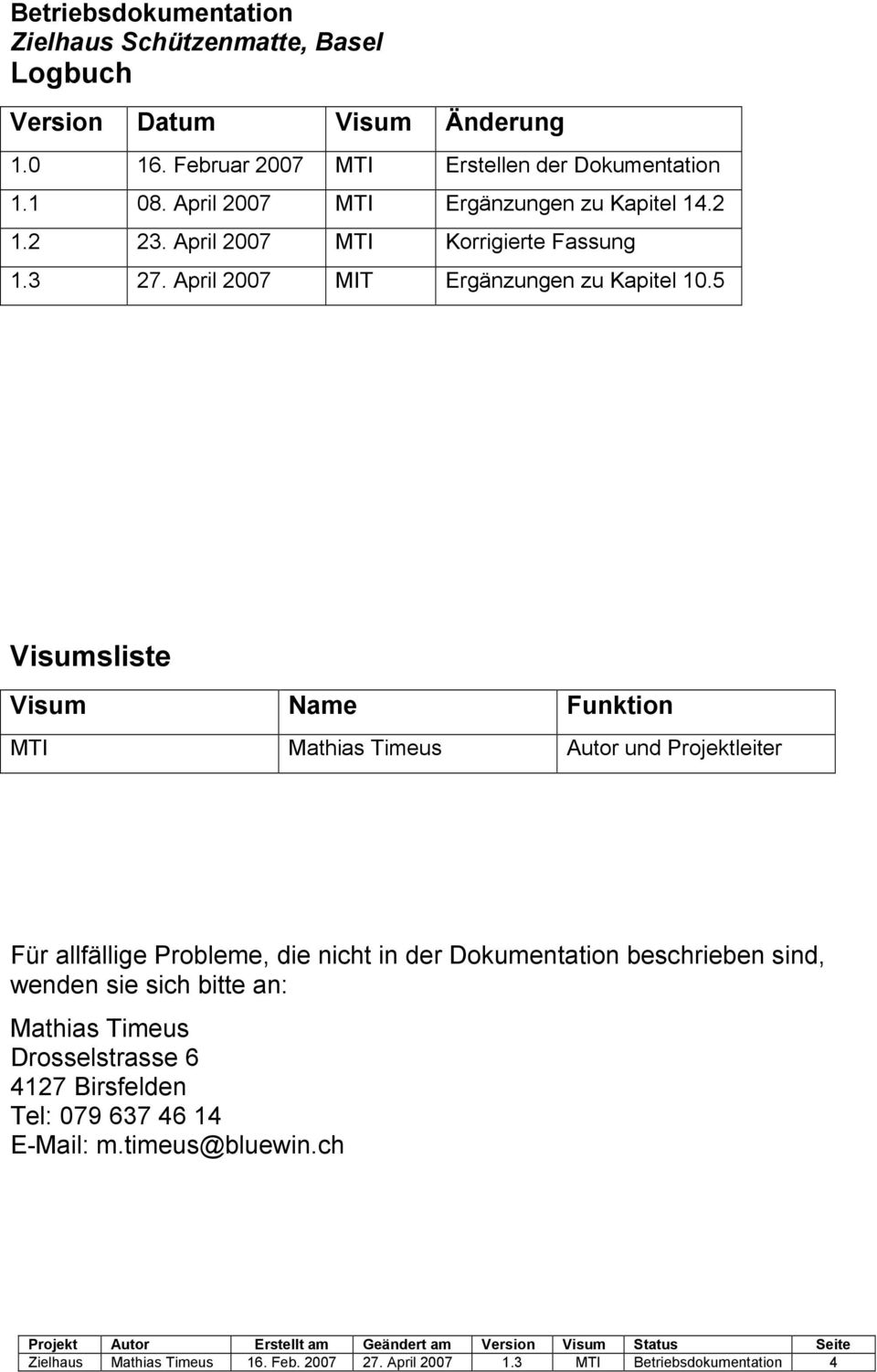 5 Visumsliste Visum Name Funktion MTI Mathias Timeus Autor und Projektleiter Für allfällige Probleme, die nicht in der Dokumentation beschrieben