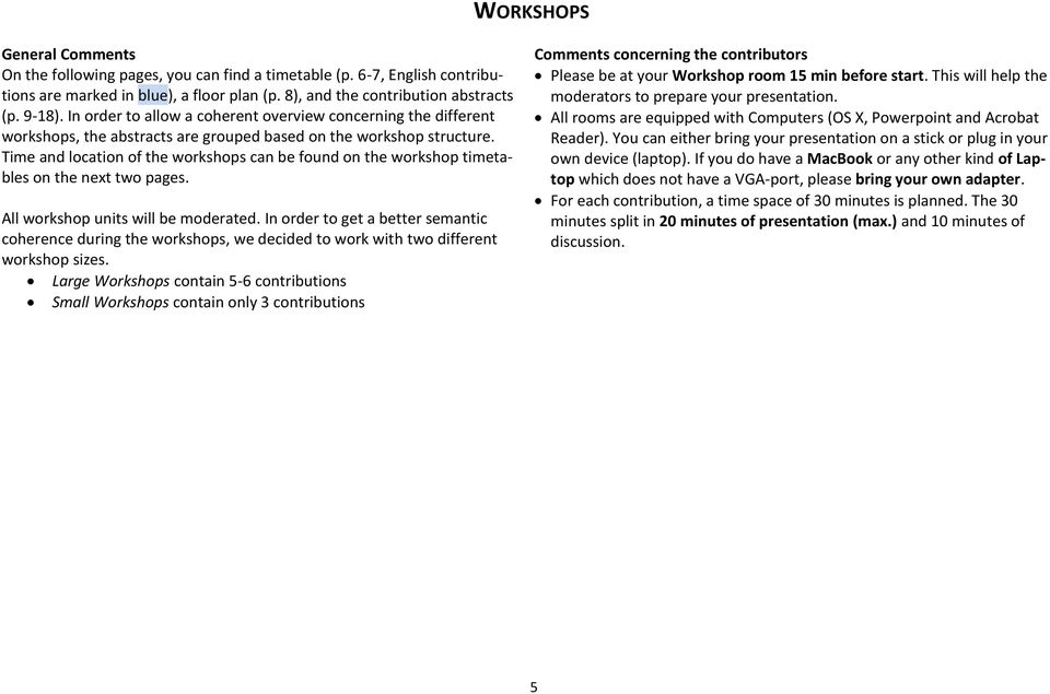 Time and location of the workshops can be found on the workshop timetables on the next two pages. All workshop units will be moderated.