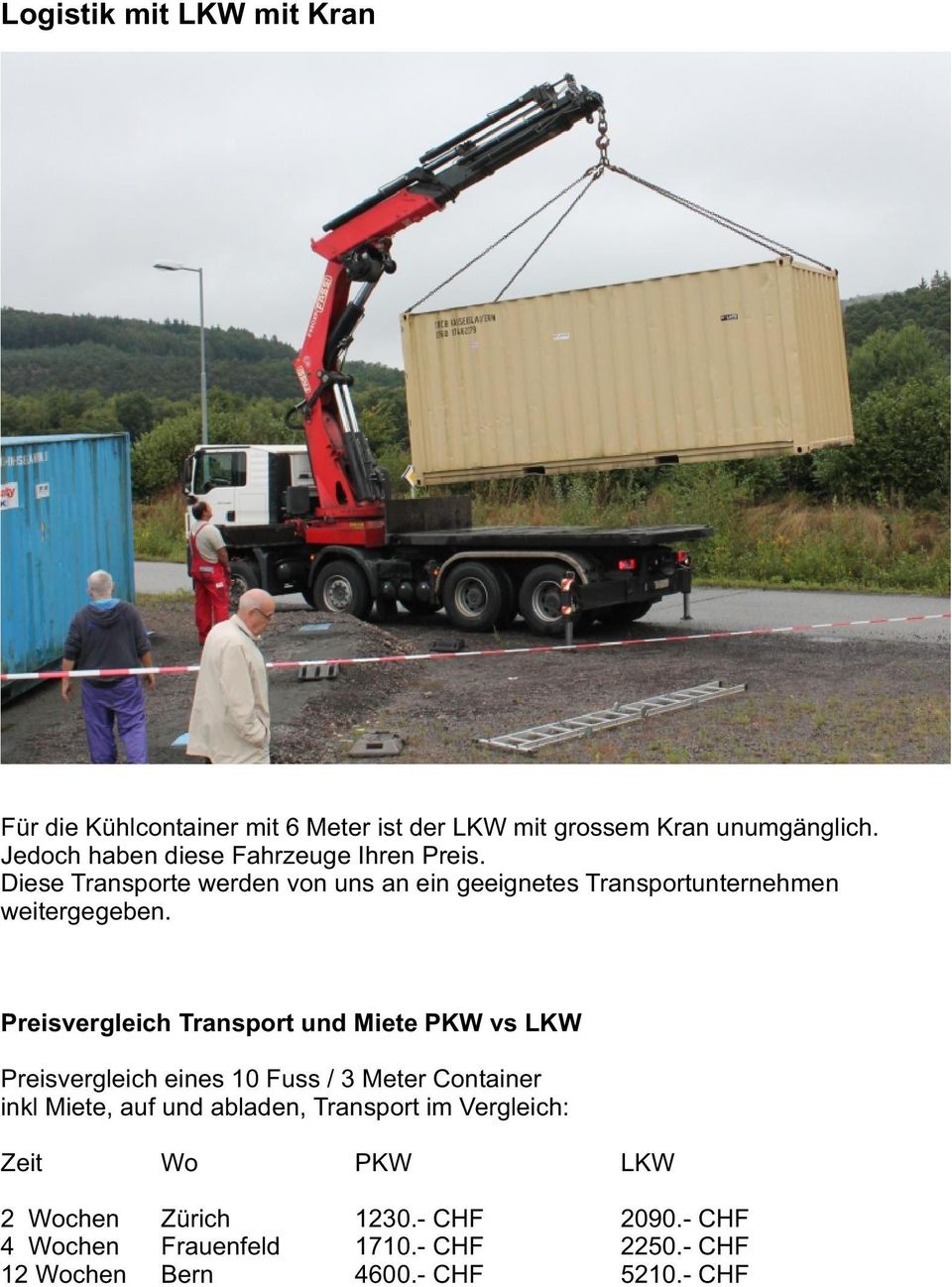 Preisvergleich Transport und Miete PKW vs LKW Preisvergleich eines 10 Fuss / 3 Meter Container inkl Miete, auf und abladen,