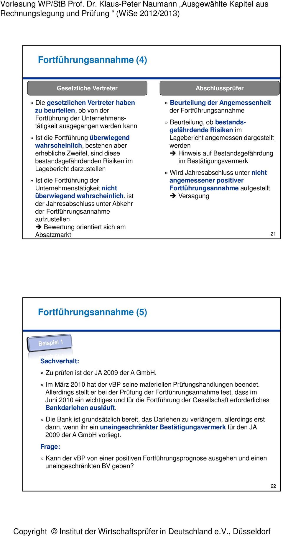 wahrscheinlich, ist der Jahresabschluss unter Abkehr der Fortführungsannahme aufzustellen Bewertung orientiert sich am Absatzmarkt Abschlussprüfer» Beurteilung der Angemessenheit der