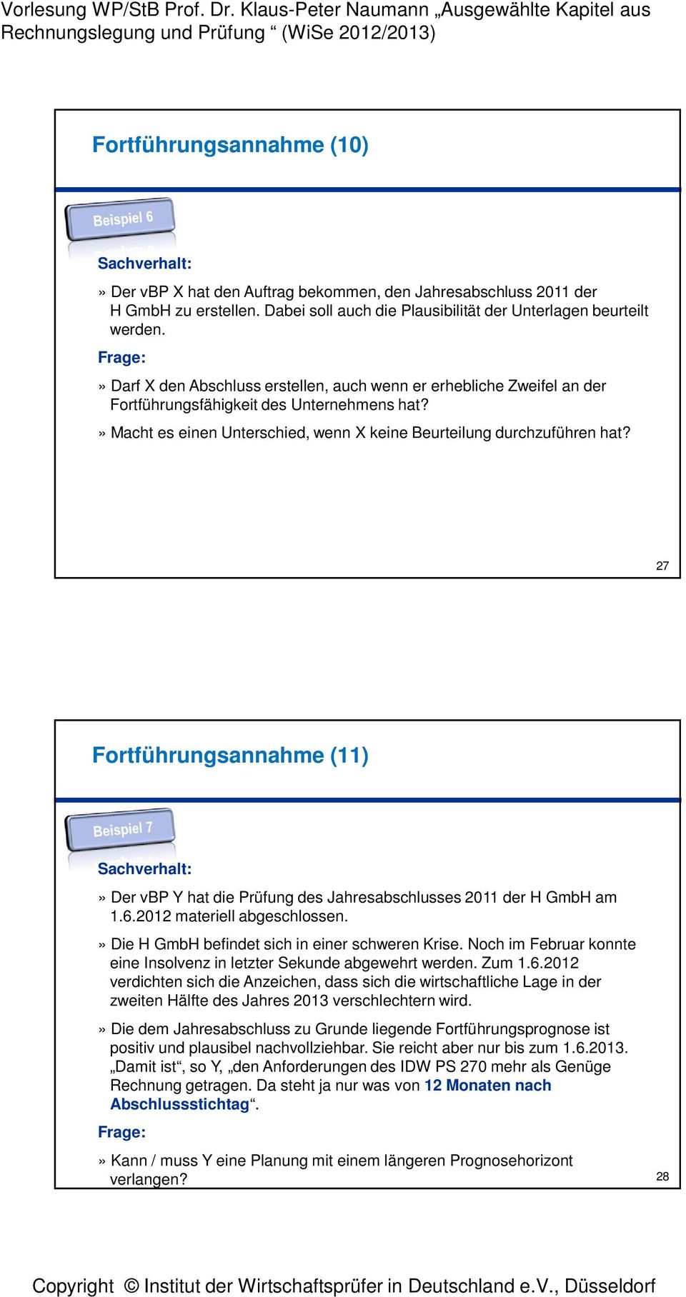 27 Fortführungsannahme (11) Sachverhalt:» Der vbp Y hat die Prüfung des Jahresabschlusses 2011 der H GmbH am 1.6.2012 materiell abgeschlossen.» Die H GmbH befindet sich in einer schweren Krise.