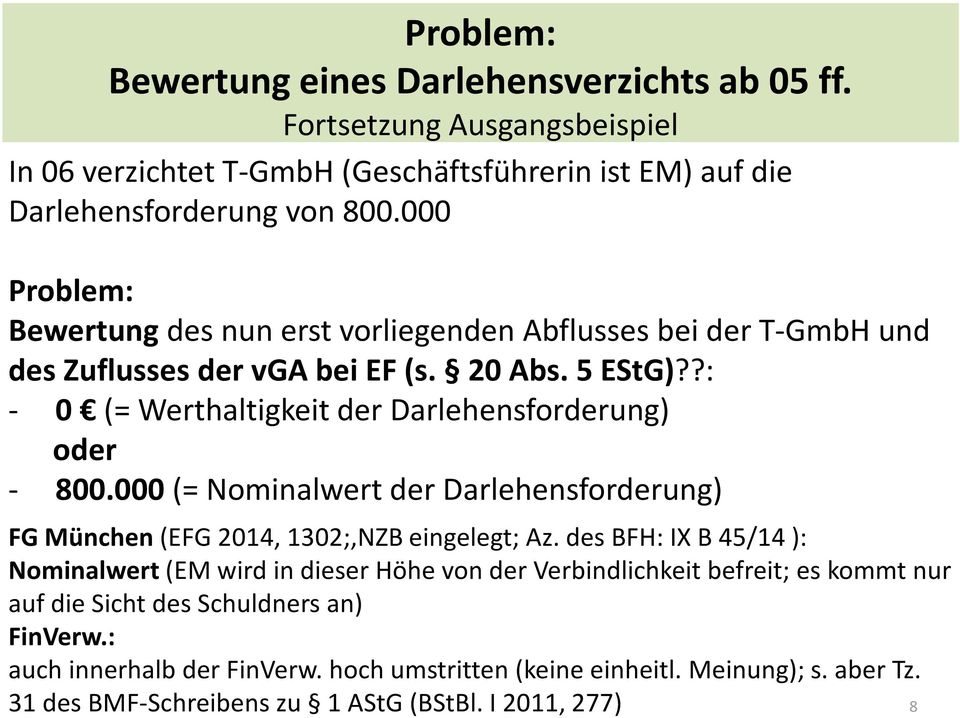 ?: - 0 (= Werthaltigkeit der Darlehensforderung) oder - 800.000(= Nominalwert der Darlehensforderung) FG München (EFG 2014, 1302;,NZB eingelegt; Az.