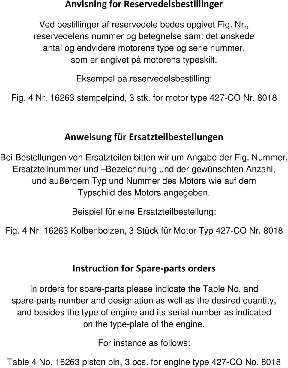 16263 stempelpind, 3 stk. for motor type 427-CO Nr. 8018 Anweisung für Ersatzteilbestellungen Bei Bestellungen von Ersatzteilen bitten wir um Angabe der Fig.