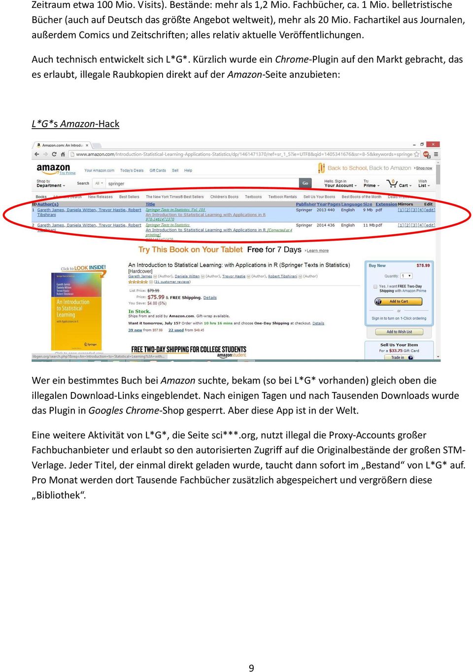 Kürzlich wurde ein Chrome-Plugin auf den Markt gebracht, das es erlaubt, illegale Raubkopien direkt auf der Amazon-Seite anzubieten: L*G*s Amazon-Hack Wer ein bestimmtes Buch bei Amazon suchte, bekam