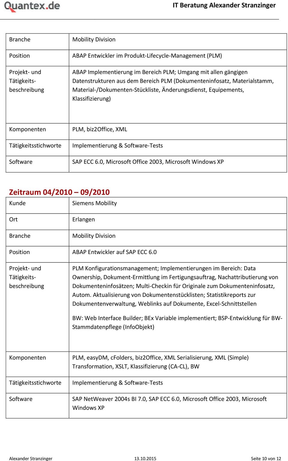0, Microsoft Office 2003, Microsoft Windows XP Zeitraum 04/2010 09/2010 Siemens Mobility Erlangen Mobility Division ABAP Entwickler auf SAP ECC 6.