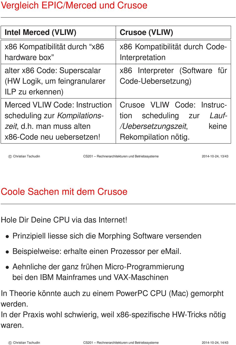 Crusoe (VLIW) x86 Kompatibilität durch Code- Interpretation x86 Interpreter (Software für Code-Uebersetzung) Crusoe VLIW Code: Instruction scheduling zur Lauf- /Uebersetzungszeit, keine Rekompilation