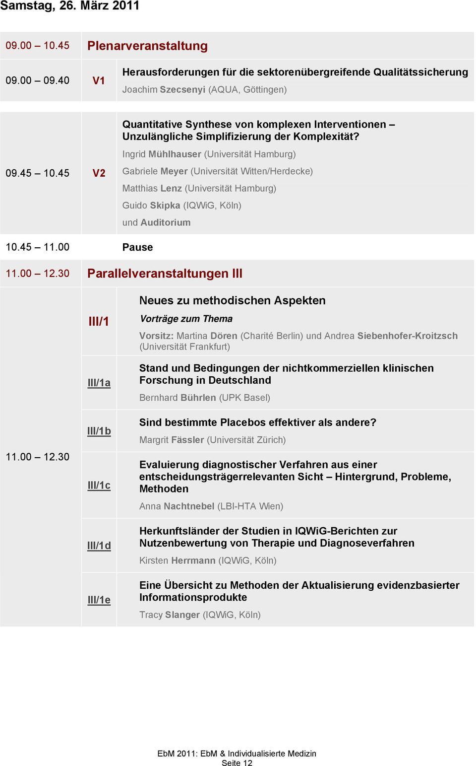 Ingrid Mühlhauser (Universität Hamburg) Gabriele Meyer (Universität Witten/Herdecke) Matthias Lenz (Universität Hamburg) Guido Skipka (IQWiG, Köln) und Auditorium 10.45 11.00 Pause 11.00 12.