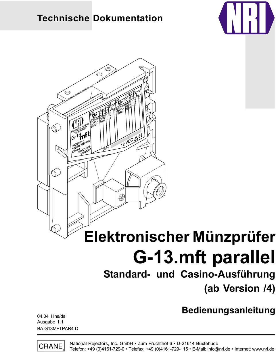 1 BA.G13MFTPAR4-D Bedienungsanleitung CRANE National Rejectors, Inc.