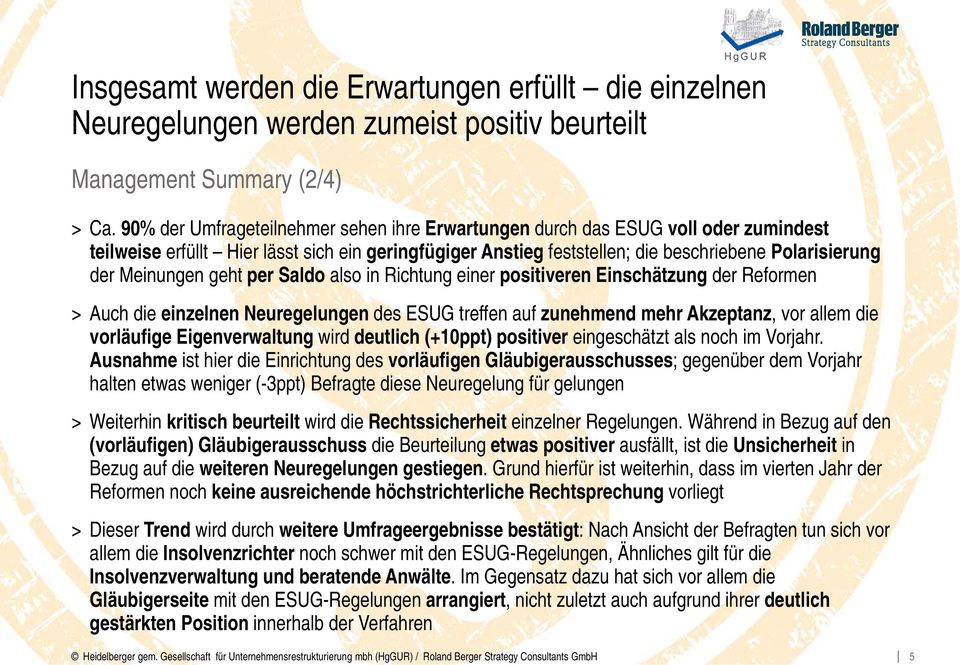 Meinungen geht per Saldo also in Richtung einer positiveren Einschätzung der Reformen > Auch die einzelnen Neuregelungen des ESUG treffen auf zunehmend mehr Akzeptanz, vor allem die vorläufige