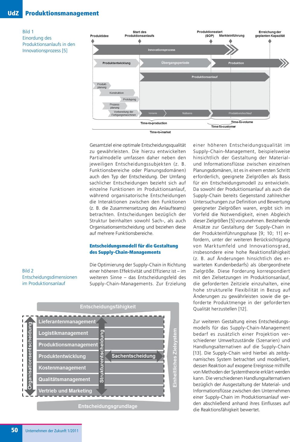 Der Umfang sachlicher Entscheidungen bezieht sich auf einzelne Funktionen im Produktionsanlauf, während organisatorische Entscheidungen die Interaktionen zwischen den Funktionen (z. B.