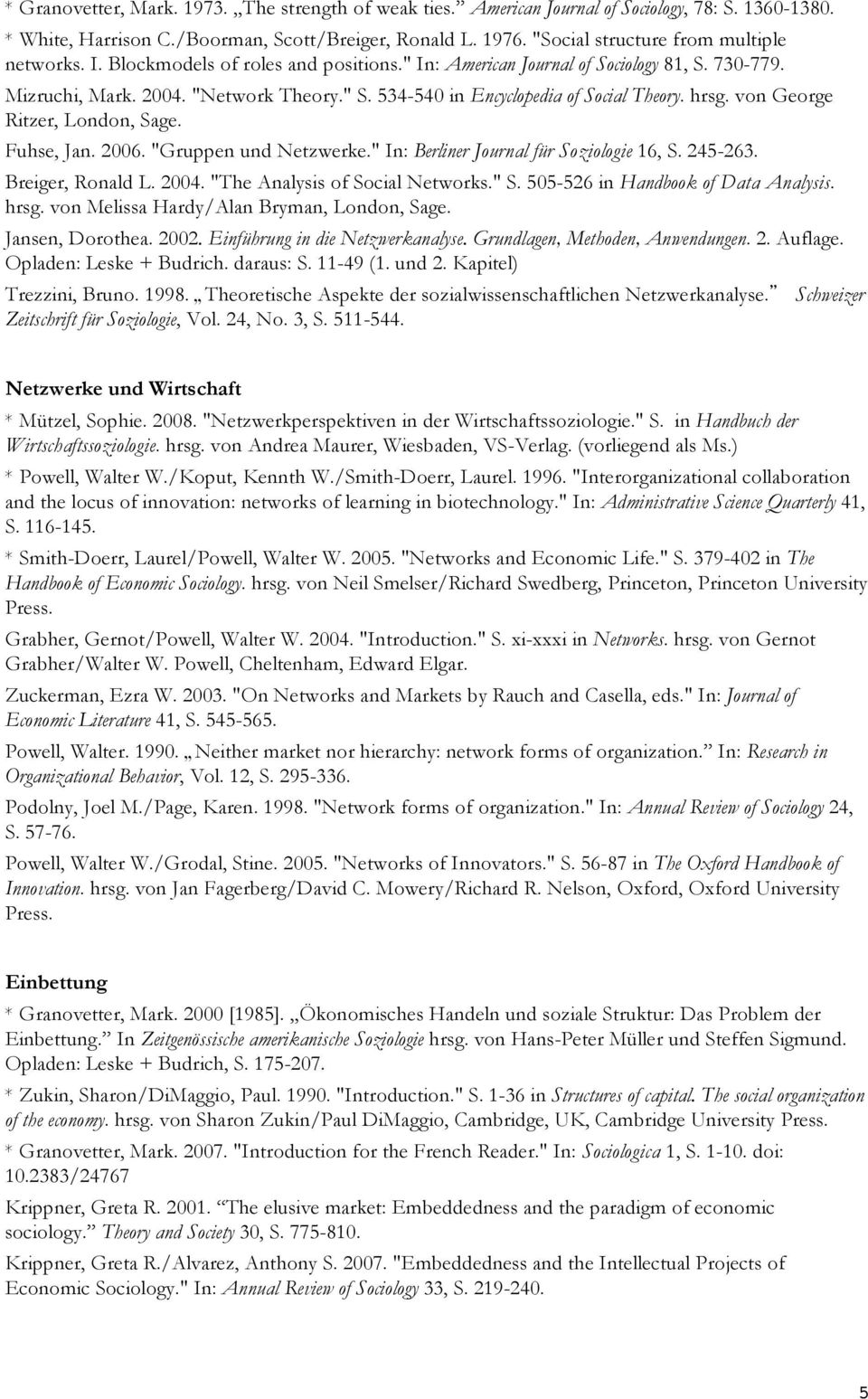 534-540 in Encyclopedia of Social Theory. hrsg. von George Ritzer, London, Sage. Fuhse, Jan. 2006. "Gruppen und Netzwerke." In: Berliner Journal für Soziologie 16, S. 245-263. Breiger, Ronald L. 2004.