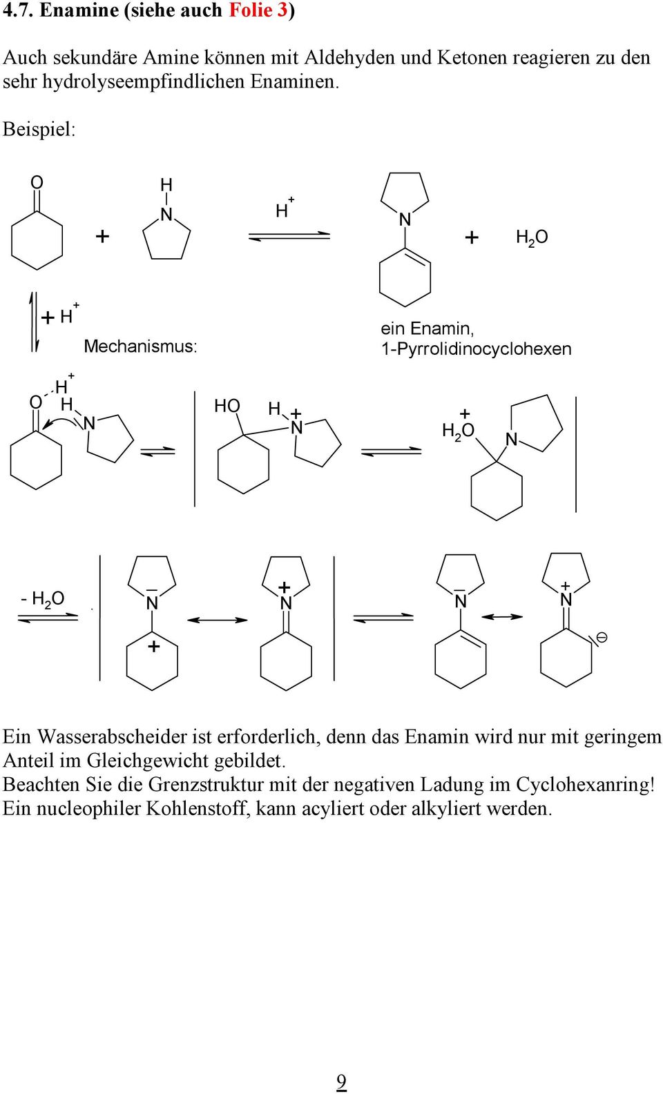 Beispiel: 2 Mechanismus: ein Enamin, 1-Pyrrolidinocyclohexen 2-2 Ein Wasserabscheider ist erforderlich, denn das