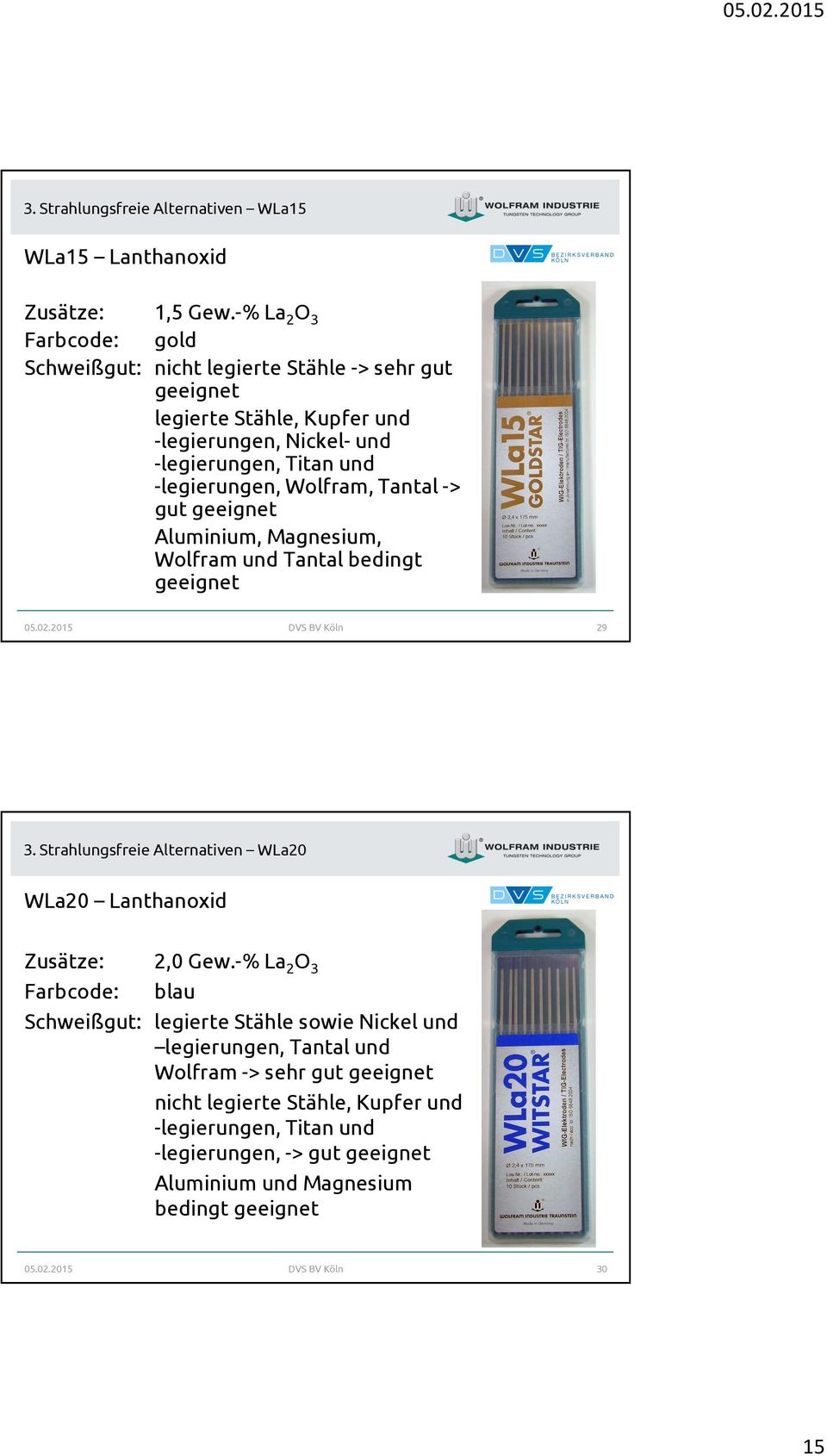 Wolfram, Tantal -> gut geeignet Aluminium, Magnesium, Wolfram und Tantal bedingt geeignet 05.02.2015 DVS BV Köln 29 3.