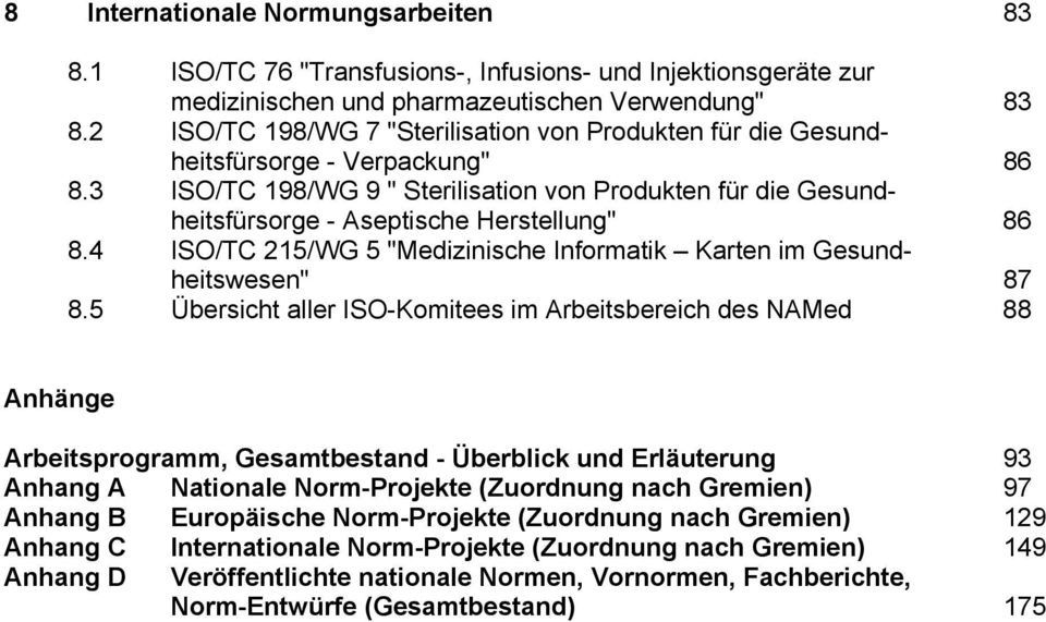 3 ISO/TC 198/WG 9 " Sterilisation von Produkten für die Gesundheitsfürsorge - Aseptische Herstellung" 86 8.4 ISO/TC 215/WG 5 "Medizinische Informatik Karten im Gesundheitswesen" 87 8.