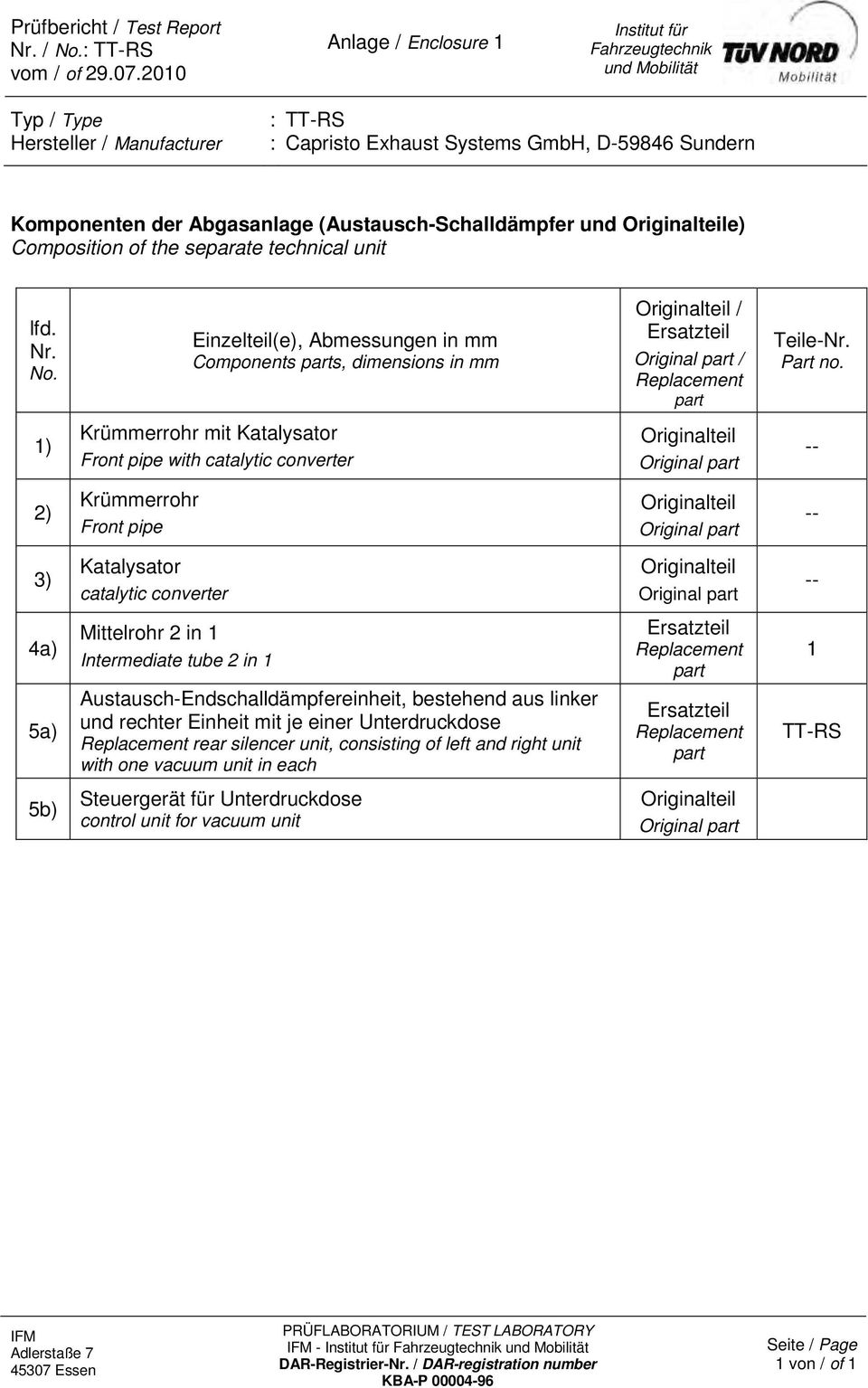 (Austausch-Schalldämpfer und Originalteile) Composition of the separate technical unit lfd. Nr. No.