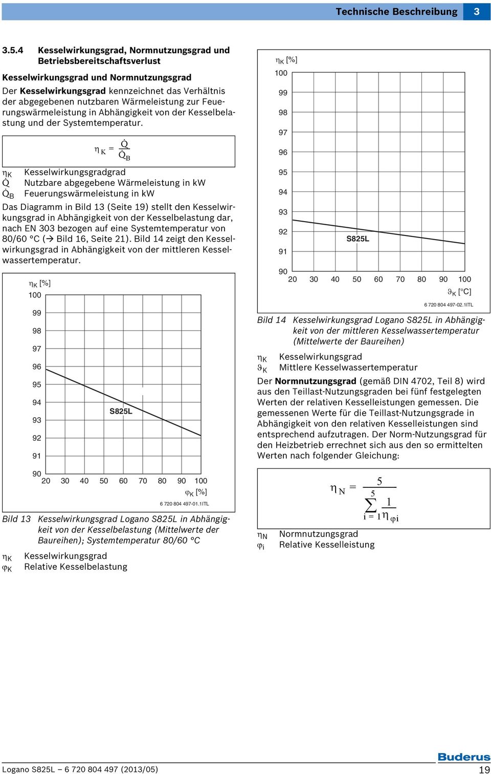 Wärmeleistung zur Feuerungswärmeleistung in Abhängigkeit von der Kesselbelastung und der Systemtemperatur.