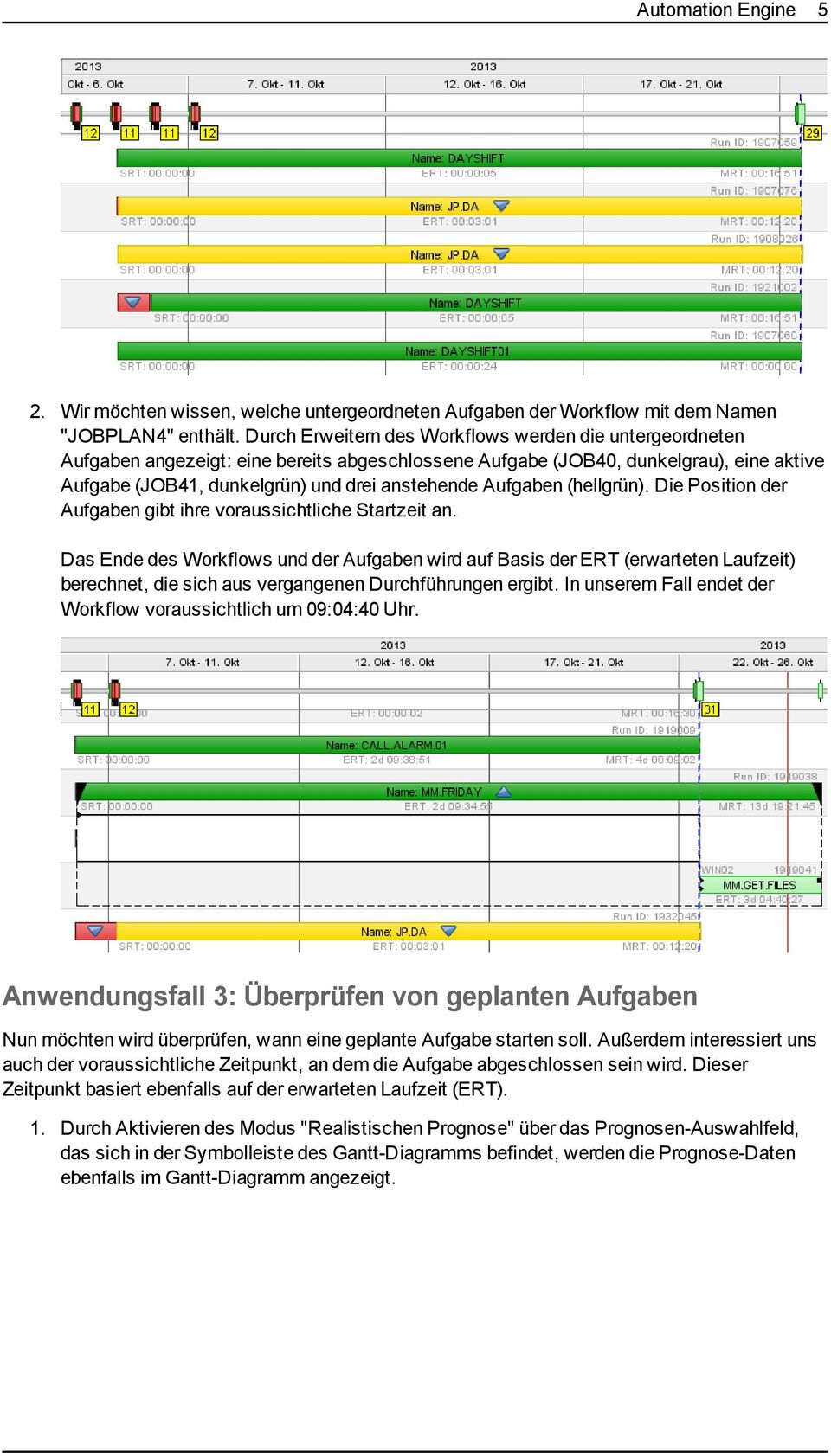 Aufgaben (hellgrün). Die Position der Aufgaben gibt ihre voraussichtliche Startzeit an.