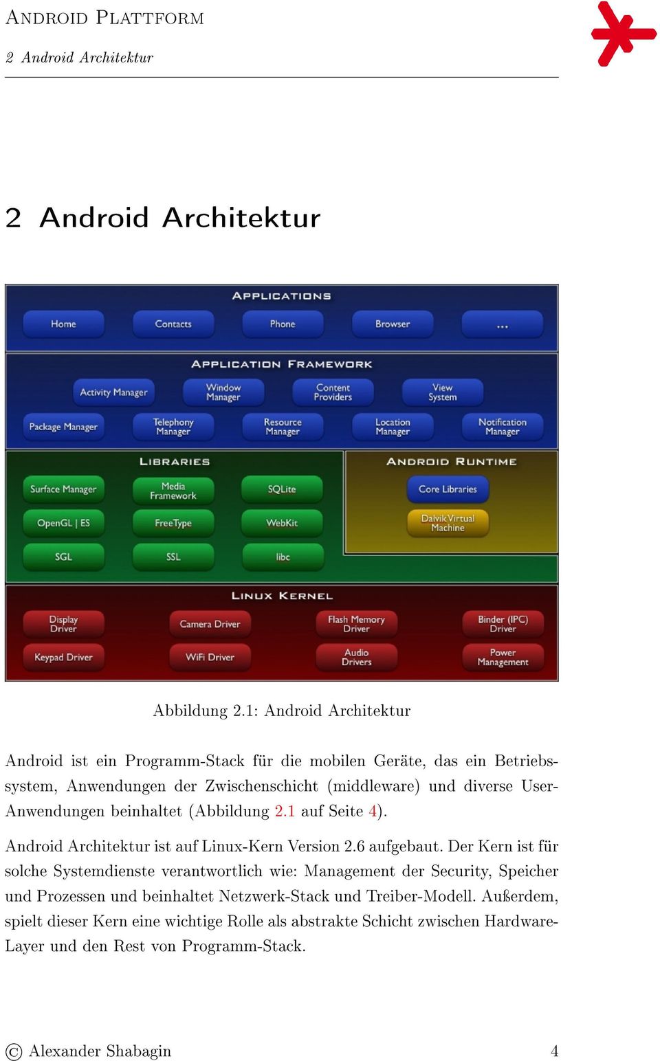 und diverse User- Anwendungen beinhaltet (1 auf Seite 4). Android Architektur ist auf Linux-Kern Version 2.6 aufgebaut.